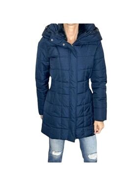 Navy Blue Vegan down Quilted hooded Parka winter coat XS